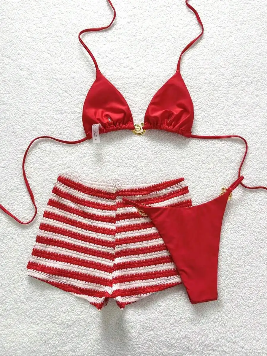 

Red Triangle Bikini Top With Striped Crochet Shorts Set For Women