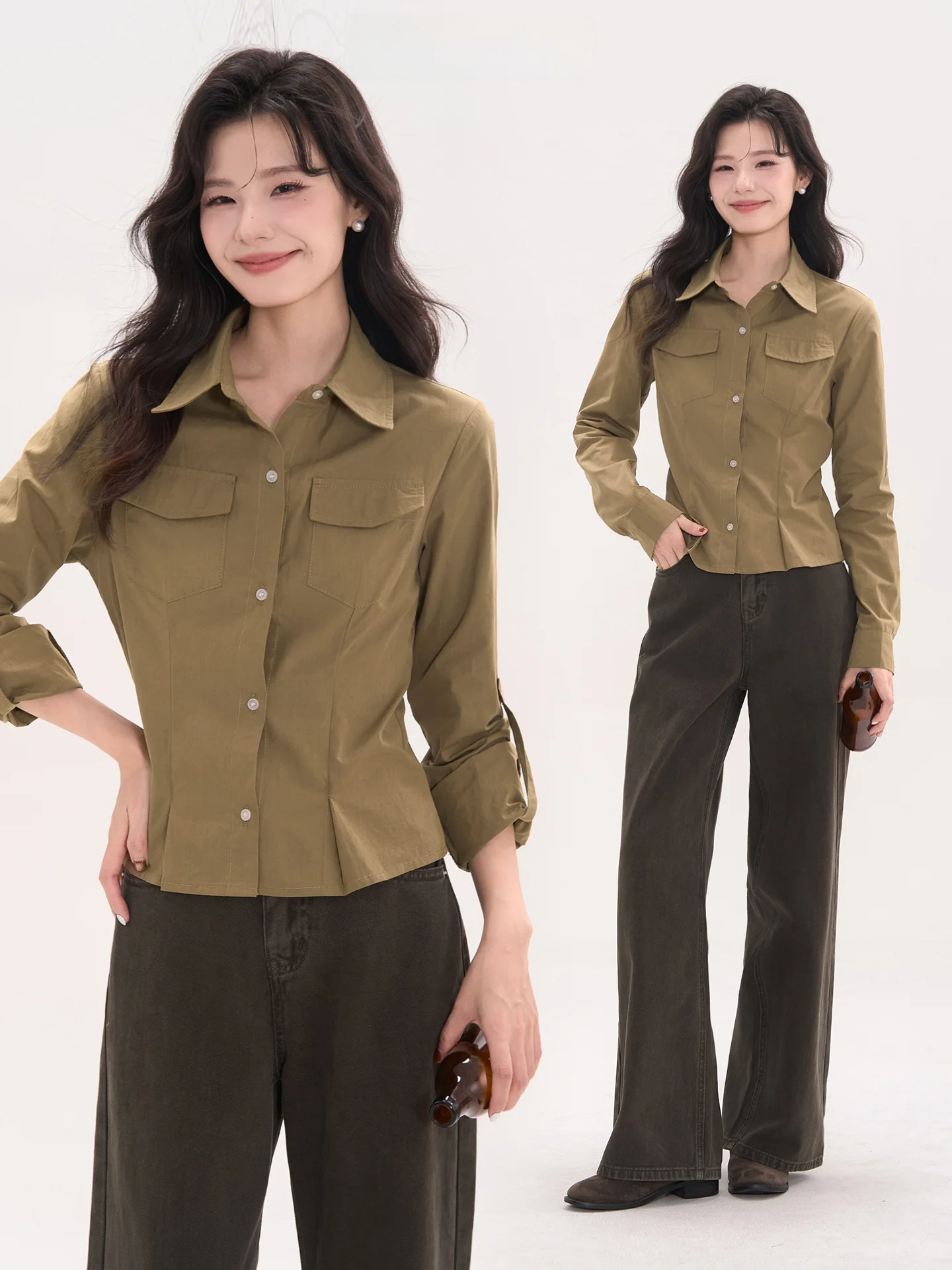 

a Brown Long Sve irt Casual Workwear Sle Women's Design Sensation Top French Sle Slim Fit Pure Cotton
