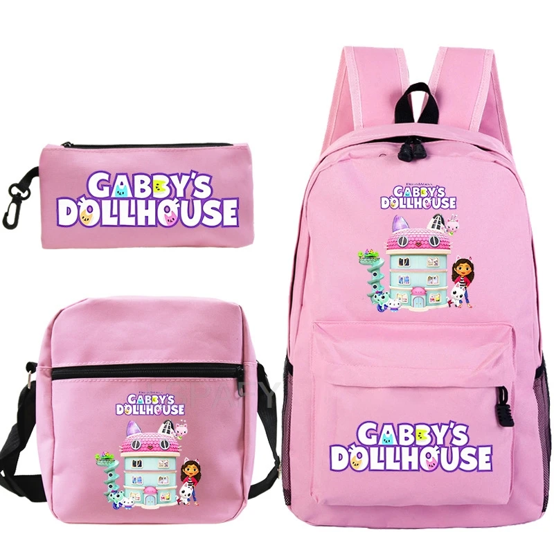 3 Pcs Set Gabbys Dollhouse Backpack Boy Girl Cartoon School Knapsack Kids Bookbag Students School Gift Teens Travel Bag Mochila