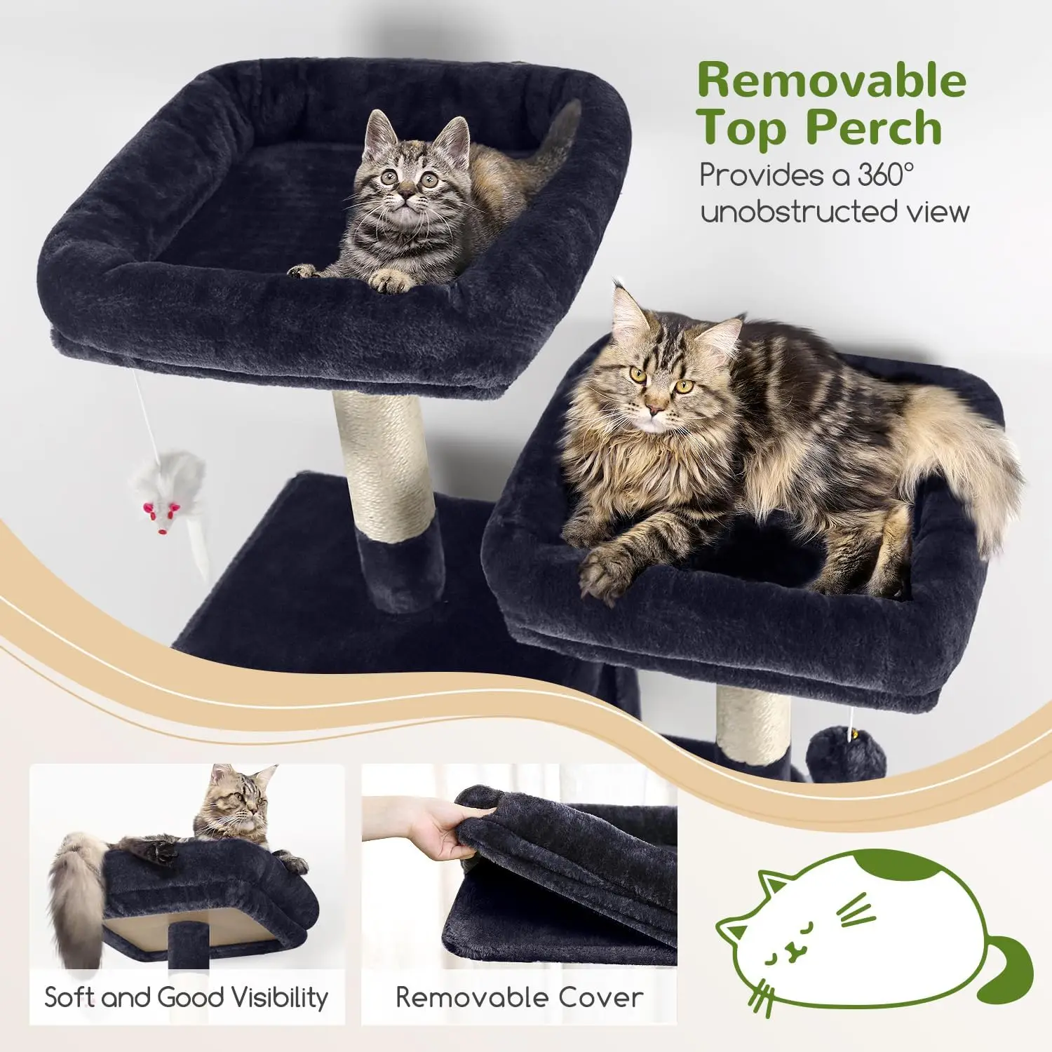 Indoor Use, Multi-Level Cat Tree in Dark Gray, with 3 Condos, Scratching Posts and Soft Extra Large Hanging Basket