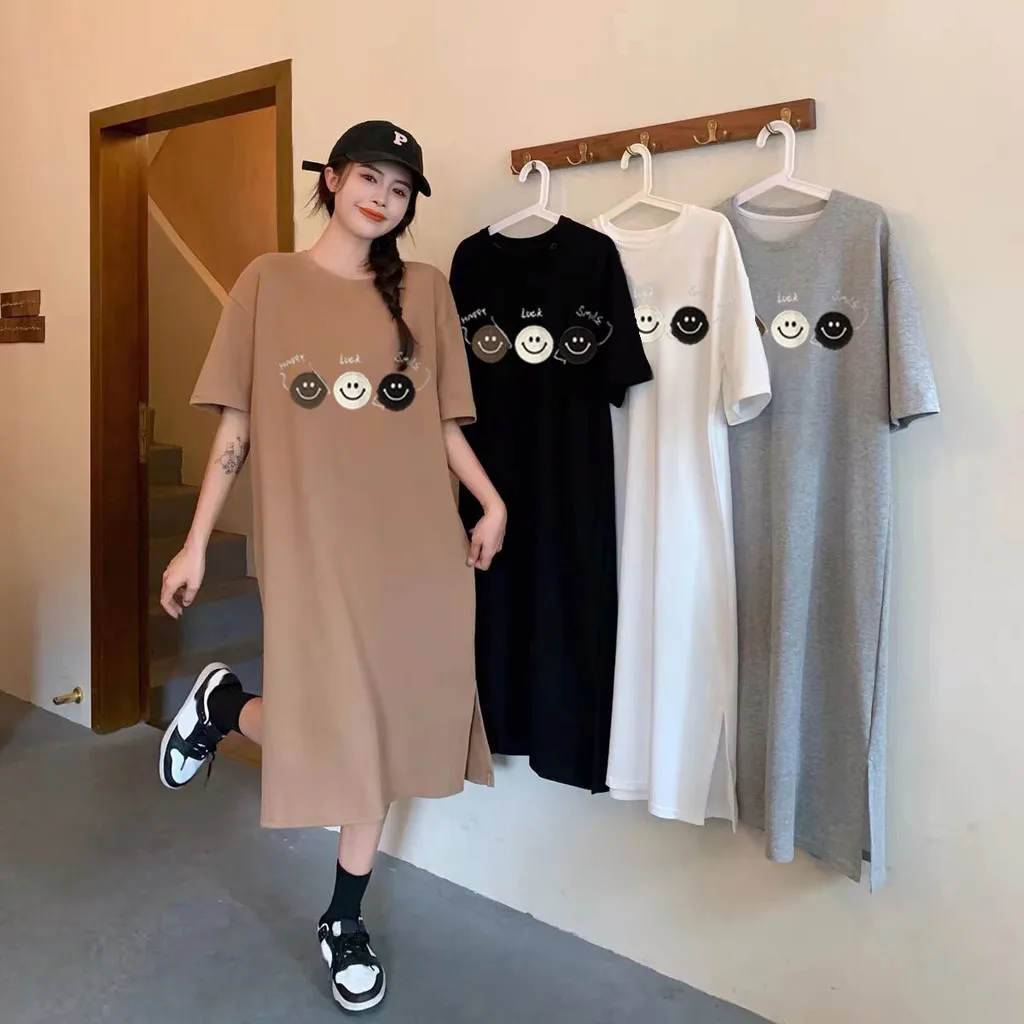 

Летнее трендовое женское свободное платье с короткими рукавами и принтом смайликов