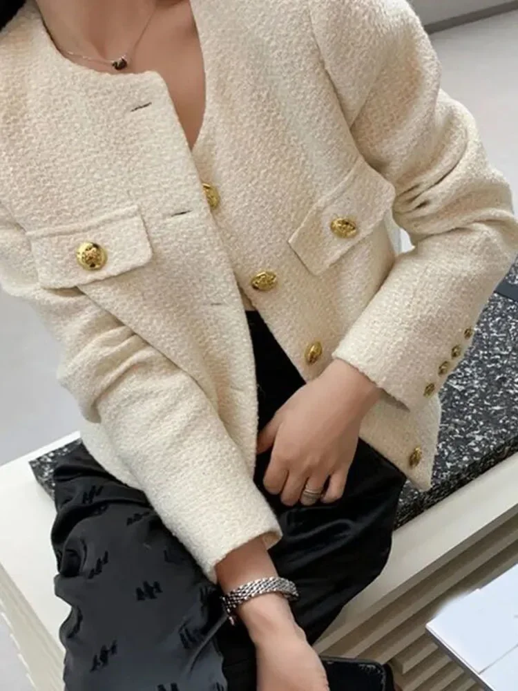 Simple Solid England Tweed Jacket Women Elegant Buttons Long Sleeve Sweet Coat Casual O Neck Fashion Loose Fall Winter Top