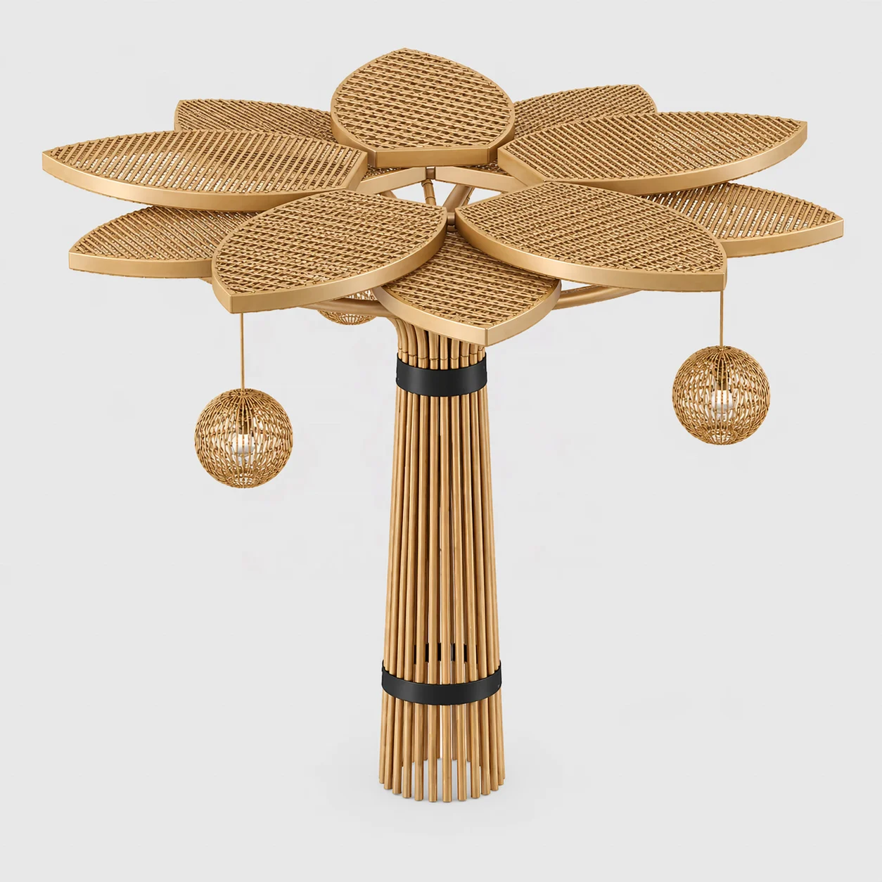 Large Modular Faux Rattan Pendant Light Metal Leaf Canopy for Hotels Resorts Villas Event Spaces
