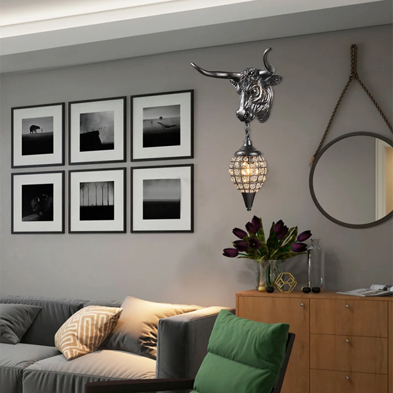 AFRA Modern Interior Crystal Wall Lamps Creative Cattle Design Led Bedside Sconce Lights For Home Living Room Porch Decor