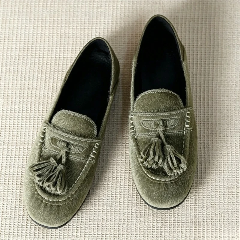 Fashion Green Tassel Detail Flat Loafers Women Elegant Round Toe Plush  Casual Shoes Office Shoes Bohemian Style Designer Shoes