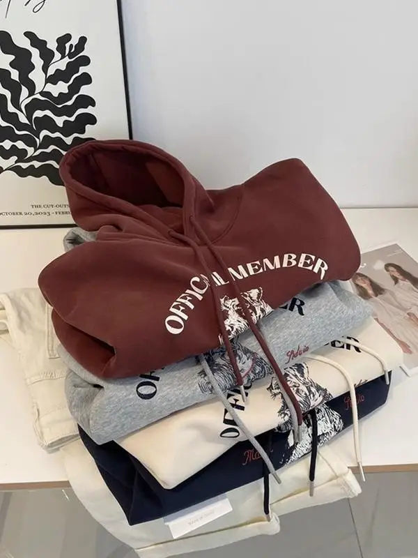 

American Retro High Street Casual Hoodie Women's Fleece Lined Printed Sweatshirt Thickened Autumn Winter Hat Jacket