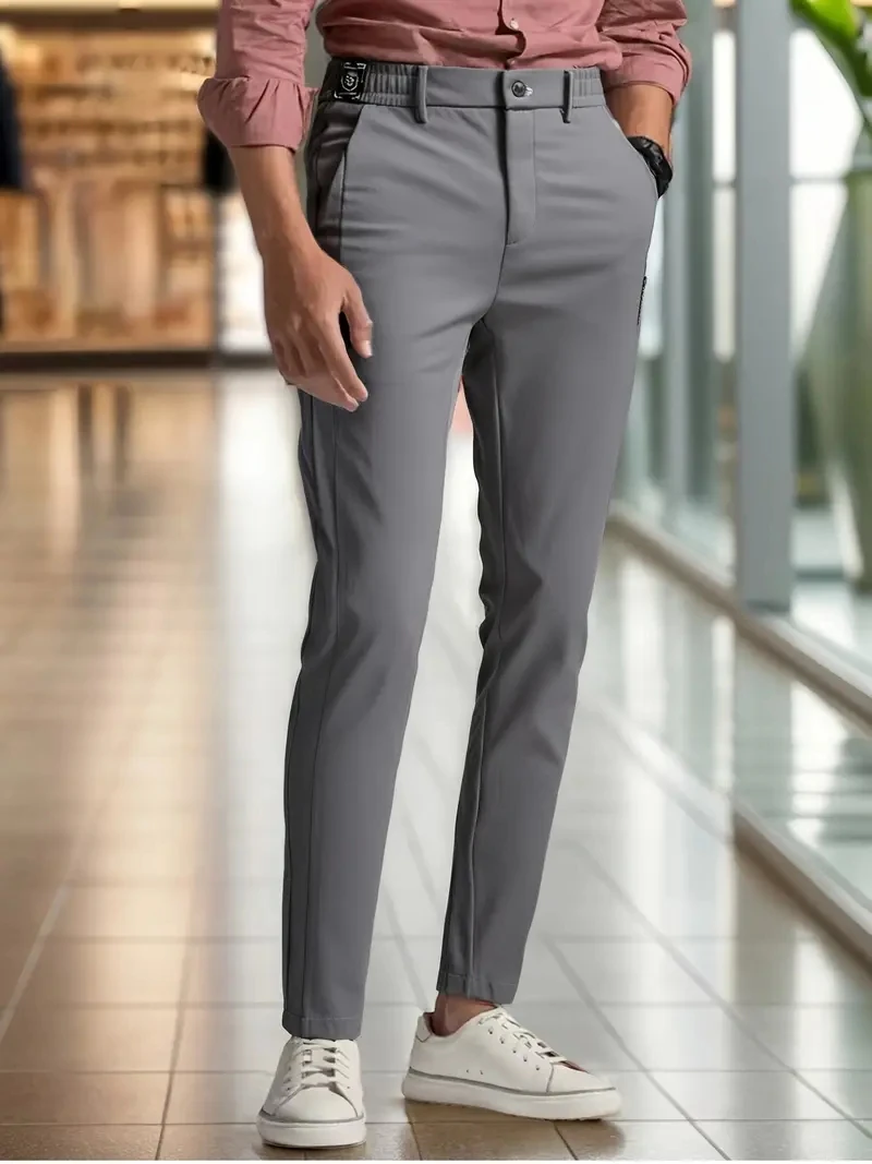 

Solid Color Pants Elegant Slim Fit Men's Business Trousers with Elastic Waist Button Closure Pockets Solid Color for Comfort