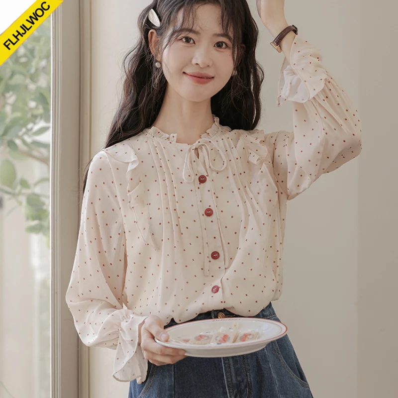 White Lace Ruffles Cute Sweet Tops Blouse New 2025 Spring Women