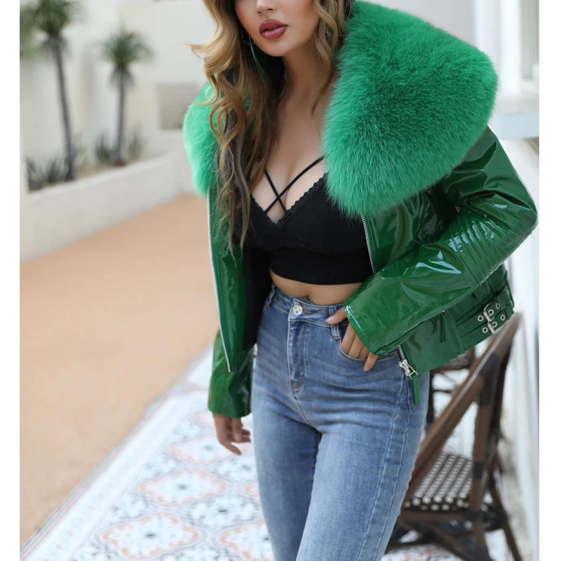 Genuine Lambskin Leather Biker Jacket Women Natural Large Fox Fur Lapel Collar Full Sleeve Female Short Real Leather Fur Coats