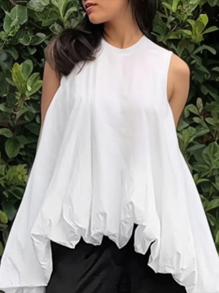 

Lemongor Fashion High-Low Vest Tops For Women 2025 New Summer Sleeveless Loose Pleated Round-Neck Urban Commute White T-shirts