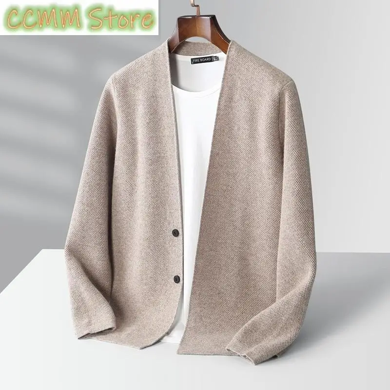 Autumn Winter Men\'s Cashmere V-neck Cardigan Sweaters 100% Merino Wool Knitwear Coat  Basic Smart Casual Jacket Korean Clothing