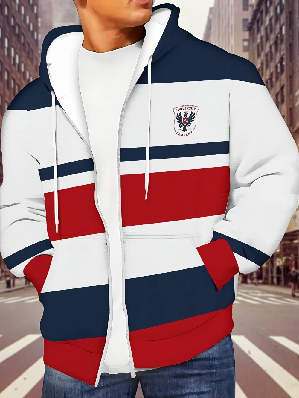 Mens Casual Striped Full Zip Hooded Sweatshirt Outdoor Wear Smooth Drawstring Hood Pockets Simple Striped Sports Man Clothing