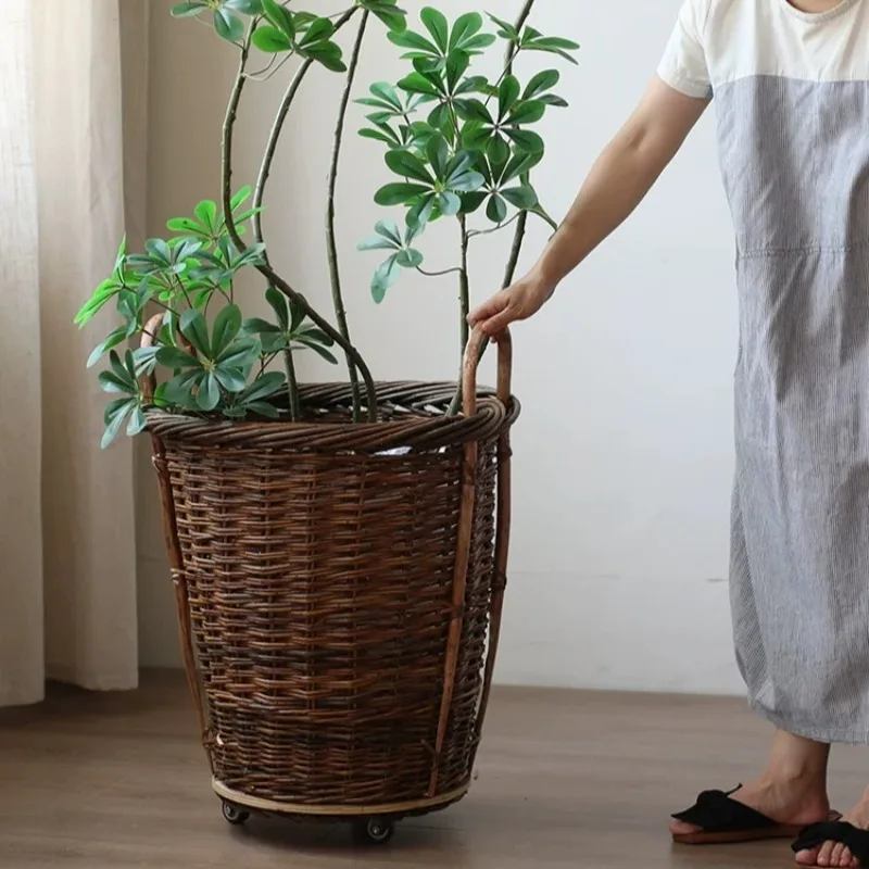 Wicker Baskets Flower Pot Large Movable Elegant Indoor Balcony Plants Pots Luxury Outdoor Floor Plant Vase Garden Decoration