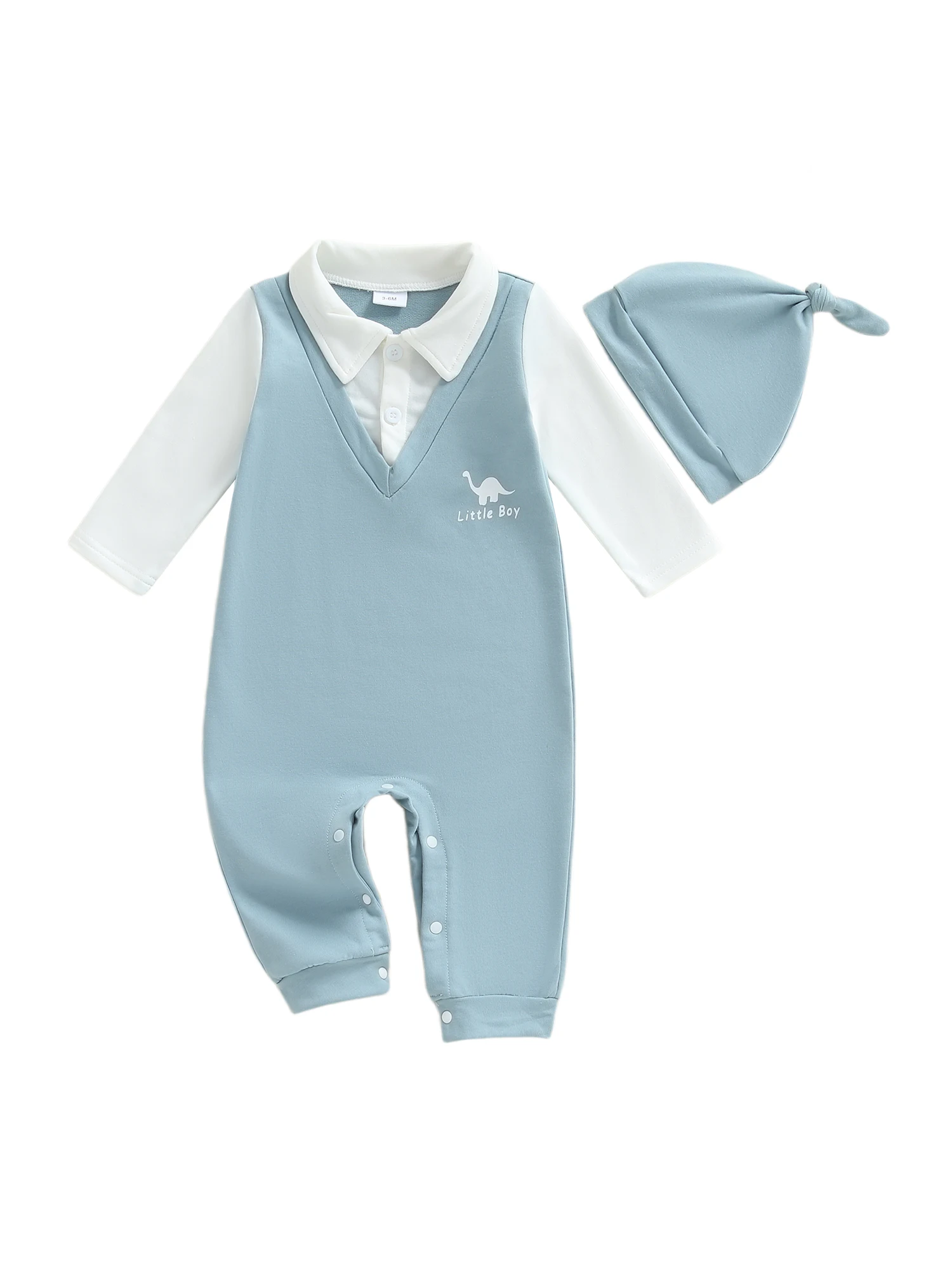 Toddler Boys Autumn Romper Color Block Long Sleeve Lapel Animal Print  Outfit with Matching Beanie