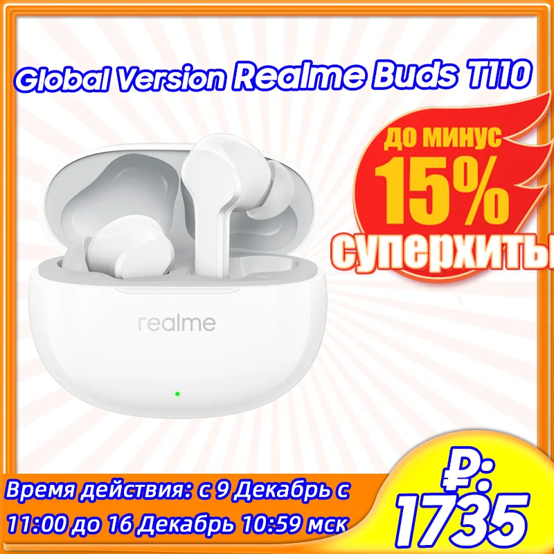 Global Version realme Buds T110 TWS Earphone Bluetooth 5.4 AI ENC Call Cancelling Wireless Headphone 38HourBattery For realme 12