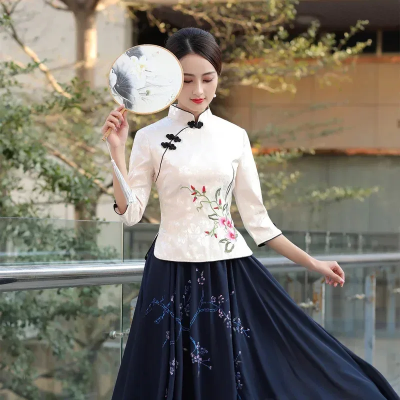 2024년 여성 치파오 드레스 중국식 치옹삼 상의 린넨 스커트 빈티지 꽃무늬 자수 탕복 우아한 플러스 사이즈 블라우스 여성용