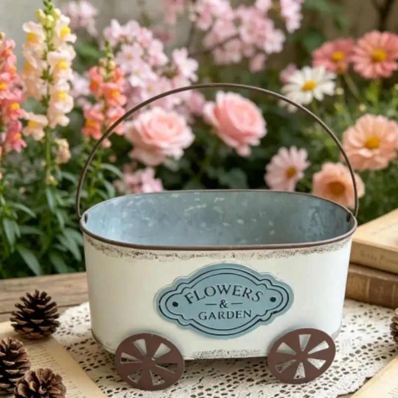 QX2E Tabletop Metal Flower Pot Cart for Balcony Greeneries and Home Decoration