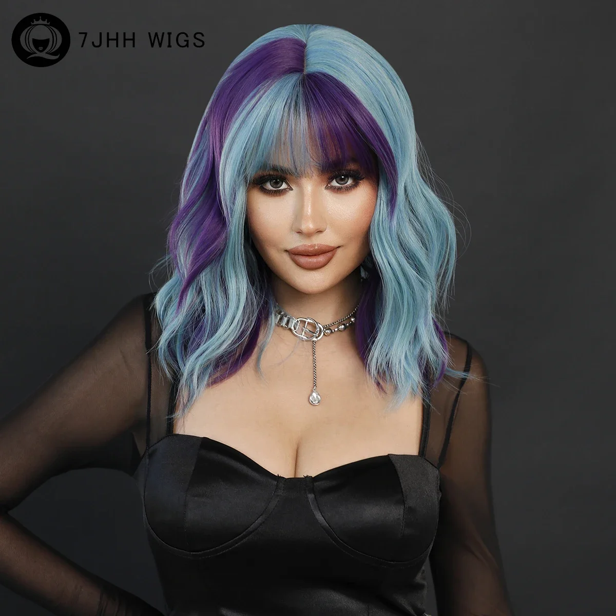 Synthetic Body Wavy Light Blue Hair Wig with Bangs for Women Daily Party High Density Middle Length Highlight Purple Wigs