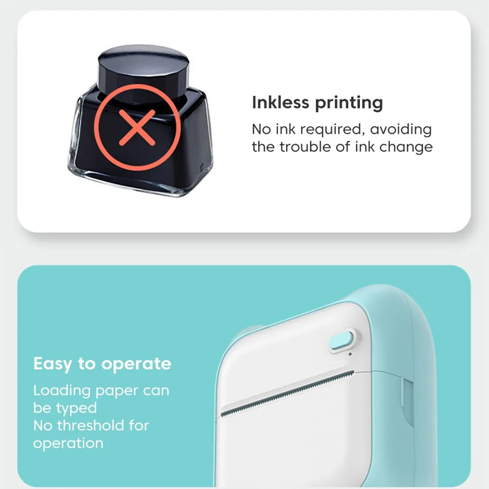 A31 휴대용 미니 감열식 프린터, 잉크 없는 블루투스 인쇄, 스티커 용지 57mm, 안드로이드 IOS 200DPI