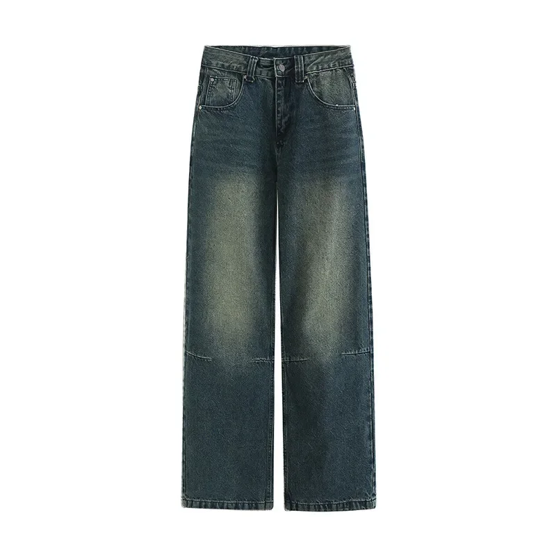 Calça jeans azul de cintura alta feminina, calça jeans reta larga, calça de perna larga, estética casual, streetwear vintage, moda Y2K, 2024