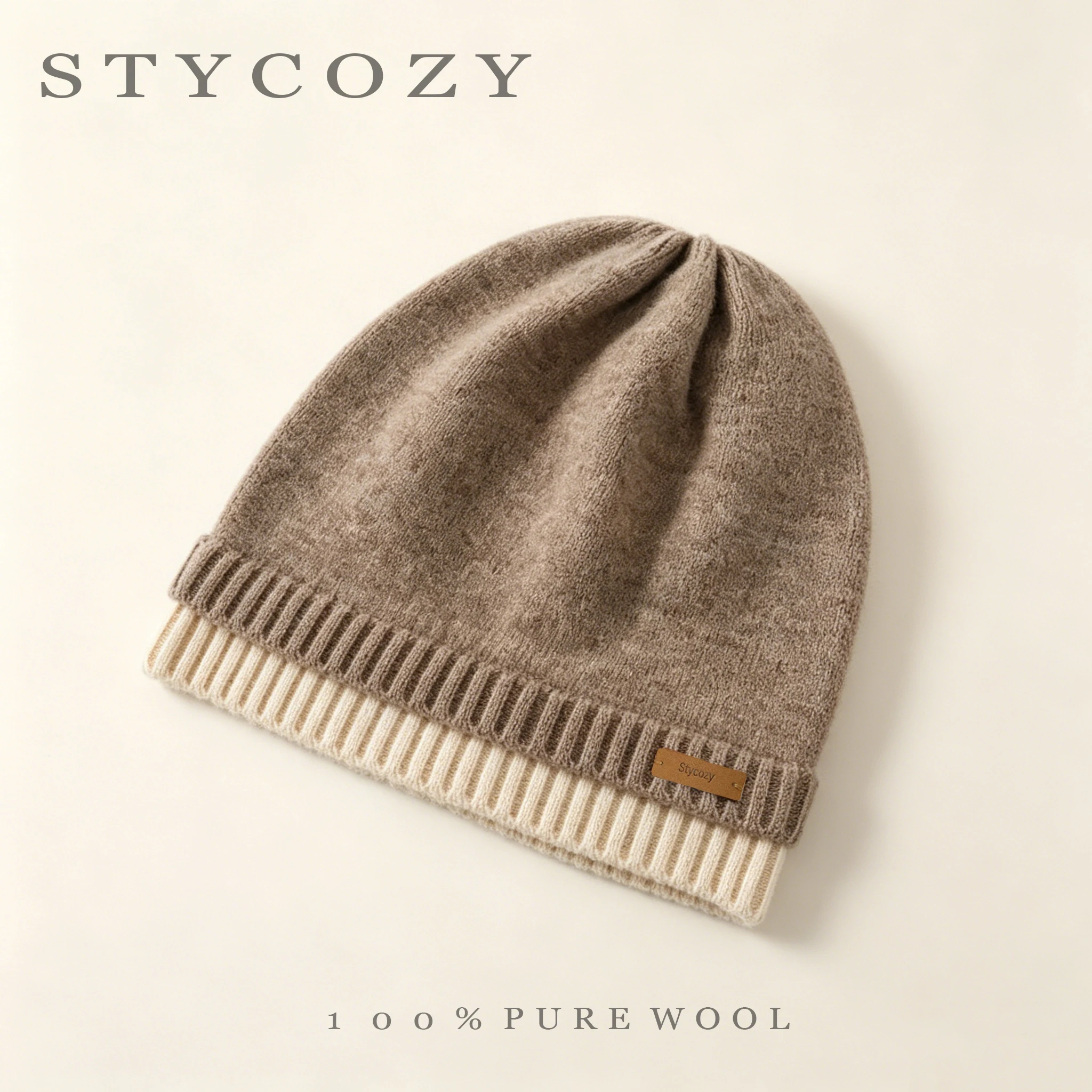 100% Wool Double-Layer Color-Block Knitted Crochet Hat Women'S Outdoor Casual Warm Ear-Protecting Hat Fashionable Slouchy Hat