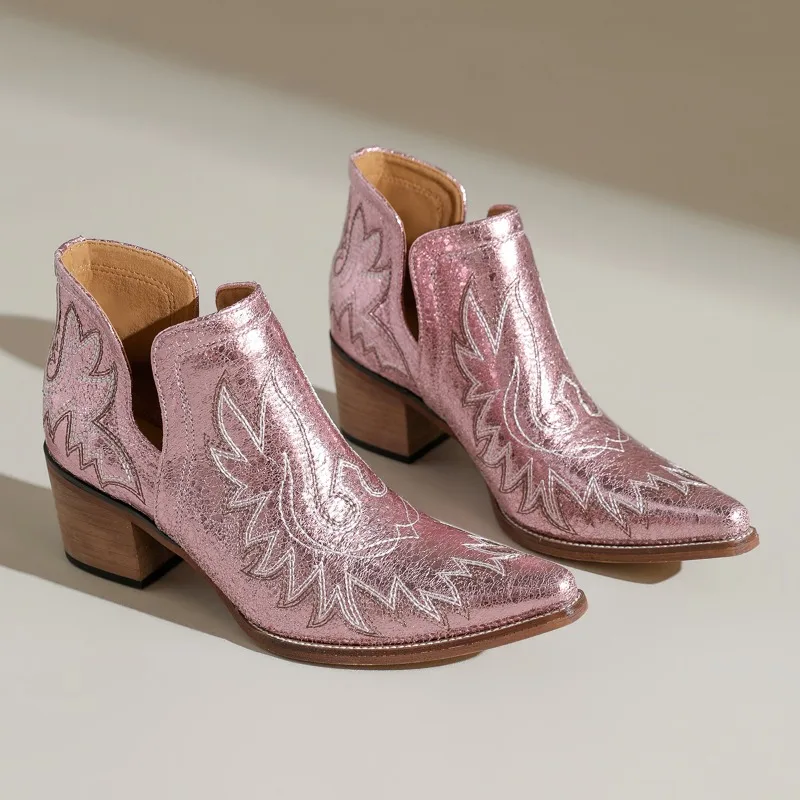 2026 Retro Foreign Trade Plus Size Women's Shoes Denim High Heel Embroidered Booties