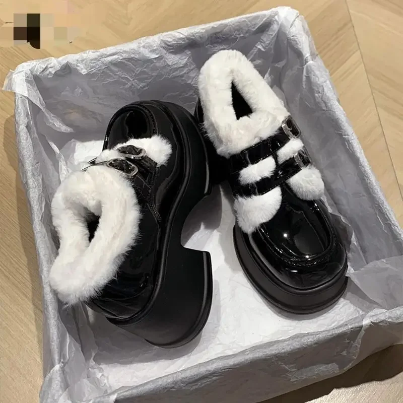 

Women Platform Slip On Loafers 2025 New Fleece Lined Thick Sole Small Leather Shoes Autumn Winter Warm School Look Cotton Shoes