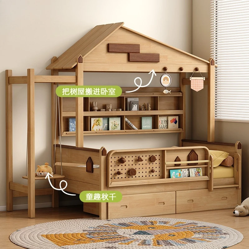 Full solid wood children's bed guardrail half-height bed for boys, solid wood treehouse storage bed for girls, cartoon with swin