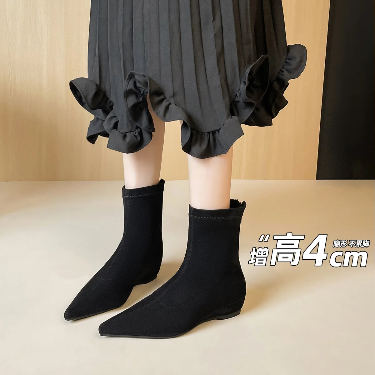 New Arrival Niche Elegant Women Stretch Fabric Slim Ankle Booties Pointed Hidden Wedge Heel Party Dress Boots Free Shipping