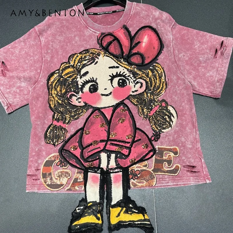 

Autumn Heavy Industry New Cartoon 3D Little Girl Short Sleeved T-shirt Women's Loose Casual Sweet Style Half Sleeves Top Tshirts