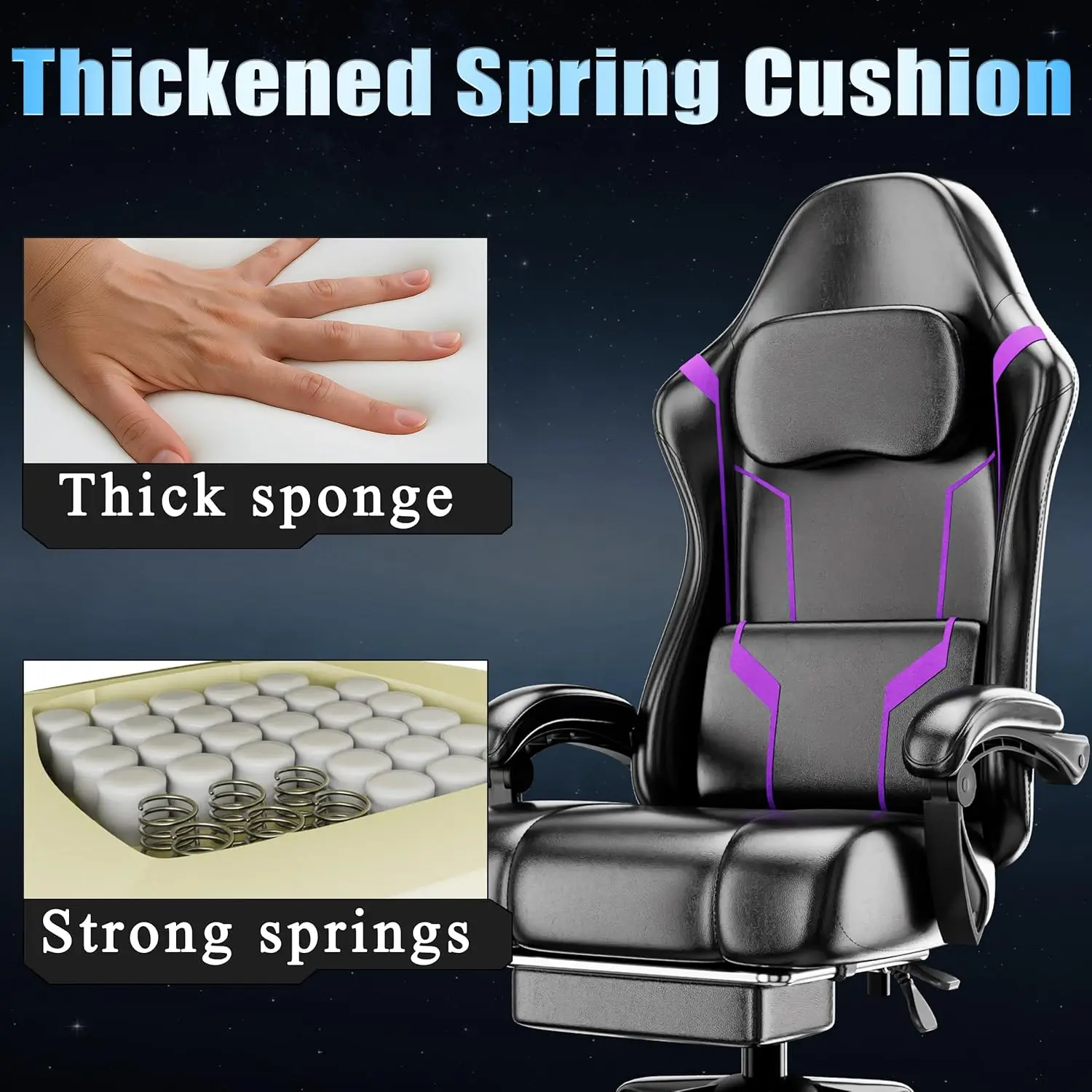 Ergonomic Gaming Chair with Pocket Spring Cushion and Footrest, Height Adjustable Swivel Computer Chair for Home Office, Purple view 4