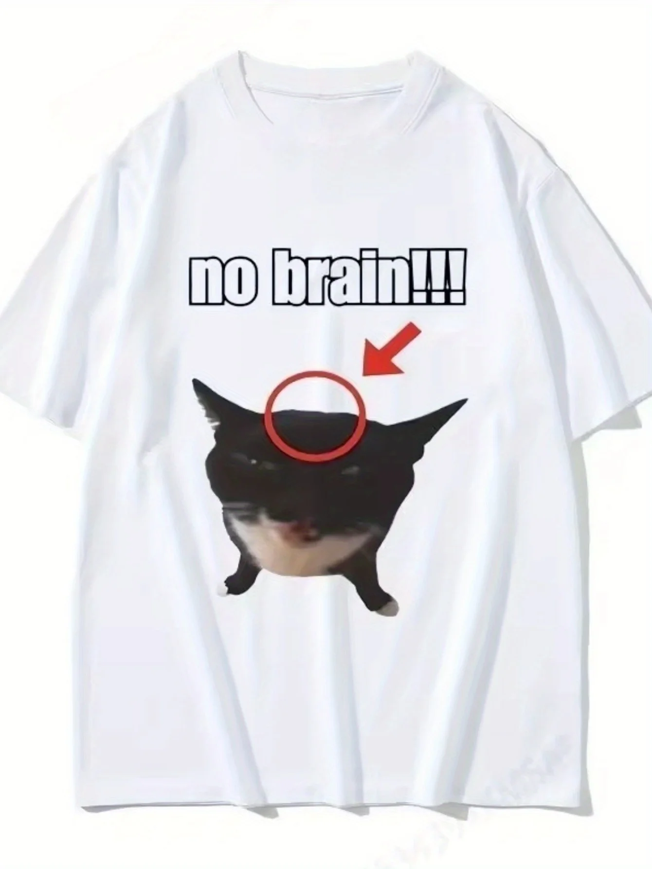 T-shirt graphique drôle pour femmes-Design de chat « No Brain », t-shirt noir décontracté à manches courtes et col rond, doux, coupe confortable toutes saisons,