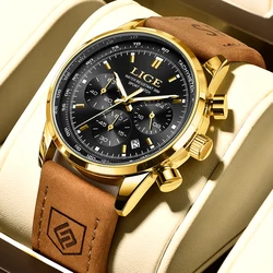 LIGE Fashion Quartz Men Leather Watch Top Brand Luxury Military Chronograph Waterproof Clock Sports Watch Relogios Masculino+BOX