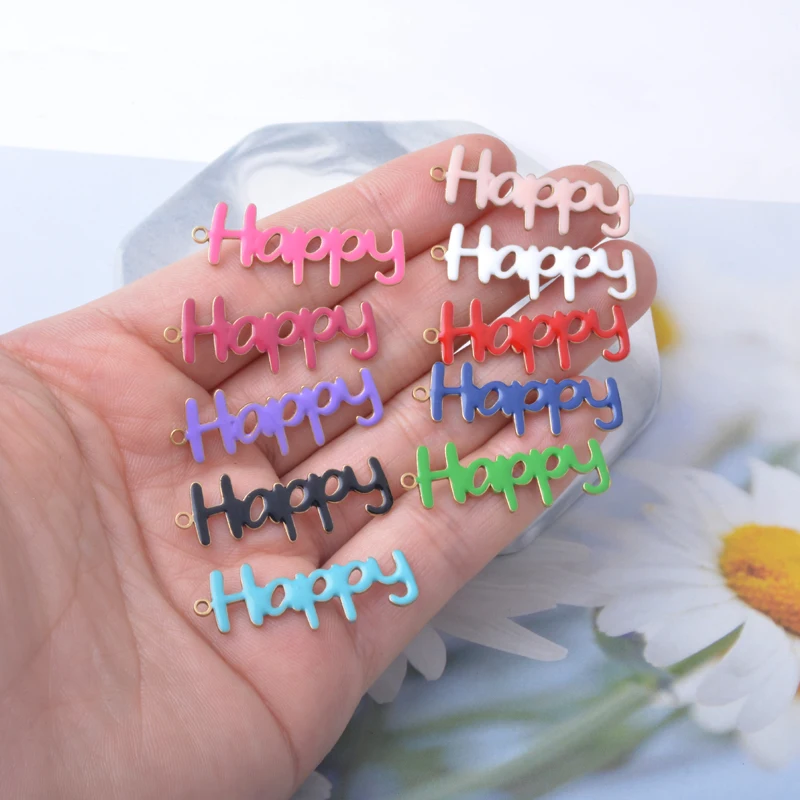 10 Stück Kupfer-Anhänger in Form von Buchstaben „Happy“ mit beidseitiger Emaillebeschichtung, Öltropfen-Optik, für DIY-Schmuckdekoration. – Detail 4