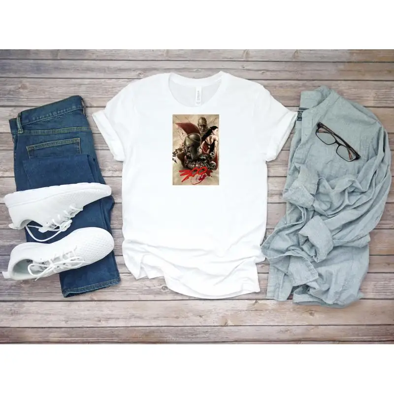 Camiseta blanca con póster de cine de los 300 Spartans para hombre K707