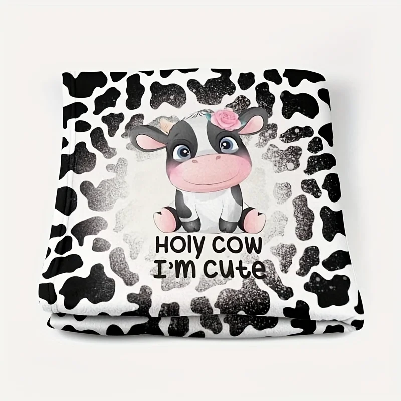 Contemporary Digital Printed Flannel Throw Blanket, Cow Element, Reversible, All Seasons, for Office, Sofa, Bedroom