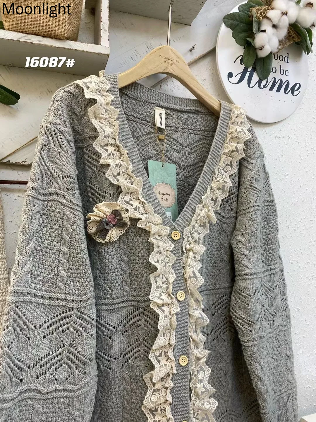 Sweet Lace Knitting Hollow Out Cardigan Coat Women Autumn Winter Japan Mori Girl V-Neck Single Breasted Long Sleeve Sweater