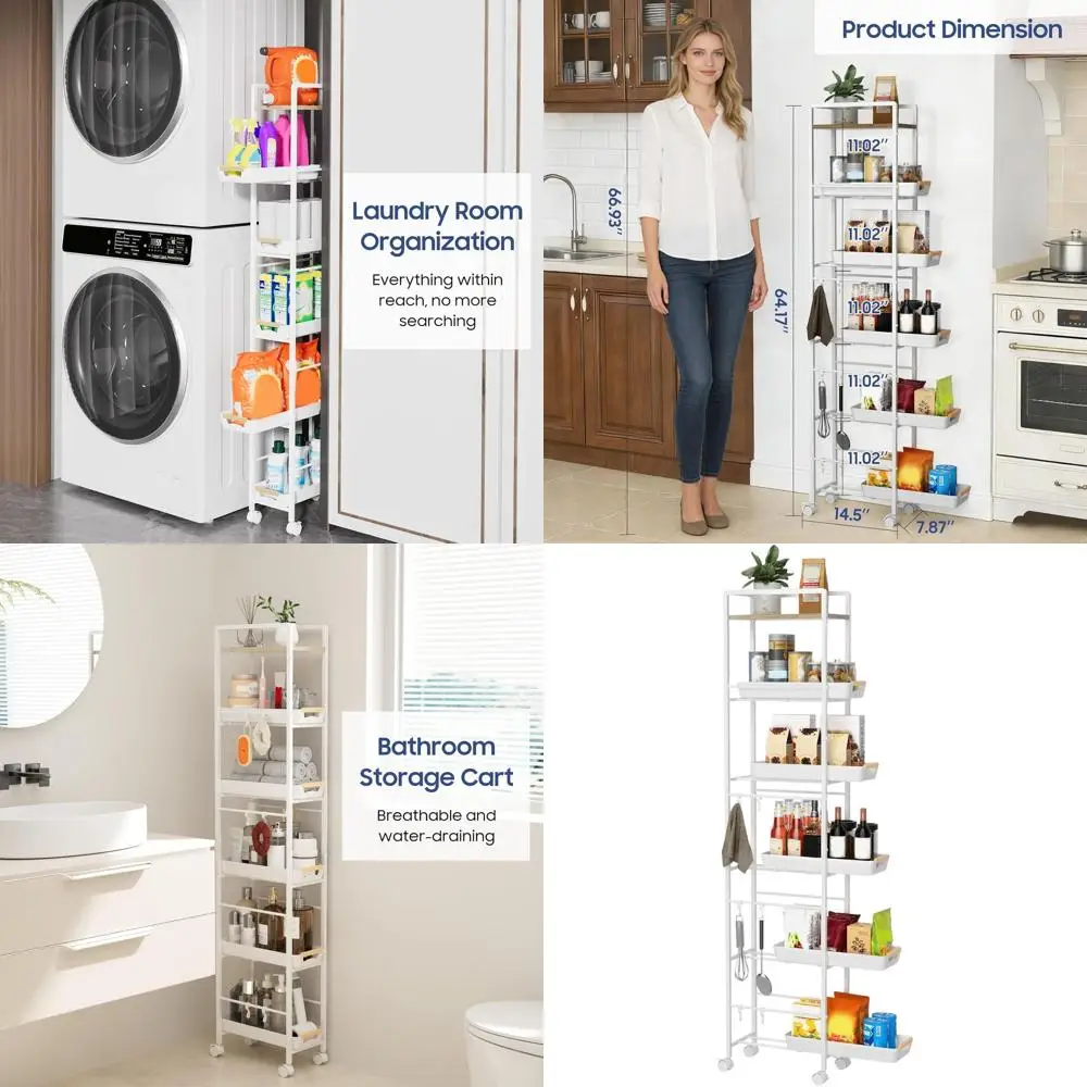 

6-уровневая передвижная тележка для хранения с выдвижными корзинами, деревянной столешницей, металлическими полками, подходит для кухни, прачечной и ванной комнаты, белая