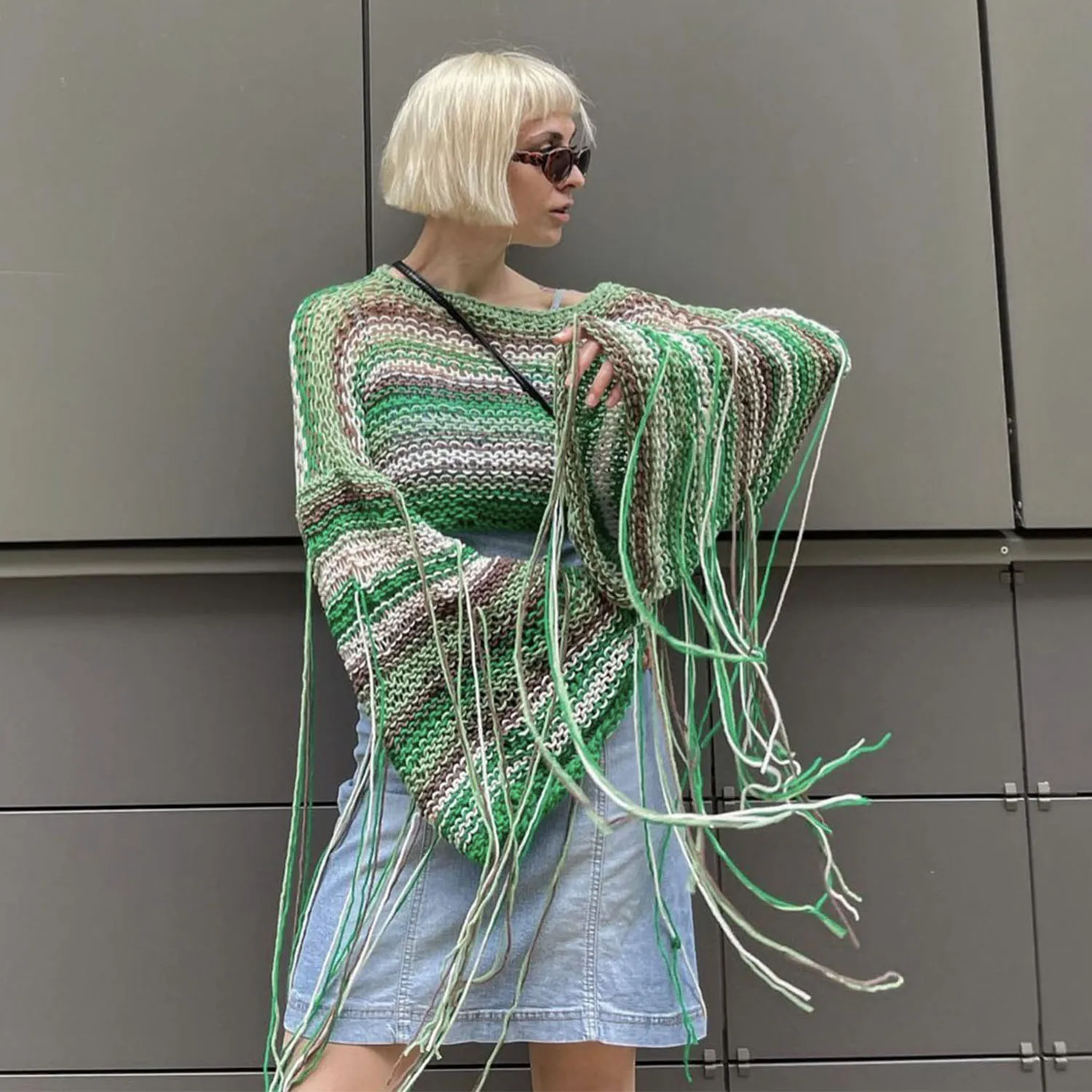 Sexy Colorful Knitted Casual Crop Top Women Long Sleeve Tassel Sweaters 2024 Summer Beach Harajuku Lolita Cover Ups Y2K Clothes