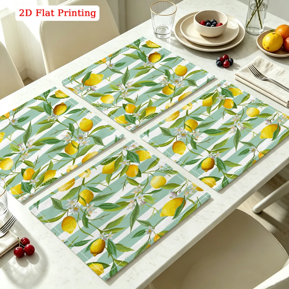 2Pcs Lemon Stripe Placemat Green Yellow Fruit Floral Table Mat Kitchen Dining Decor Non Slip Heat Resistant 30X40Cm