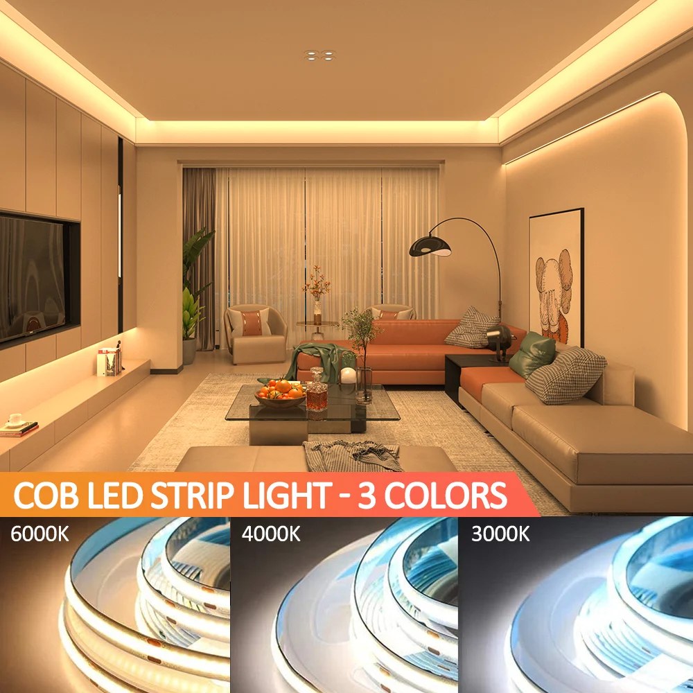 

12 В/24 В 10 м светодиодная лента FCOB, теплый белый режущий светодиод высокой плотности, гибкая лента FOB COB, линейная 3000K 4000K 6000K для комнаты