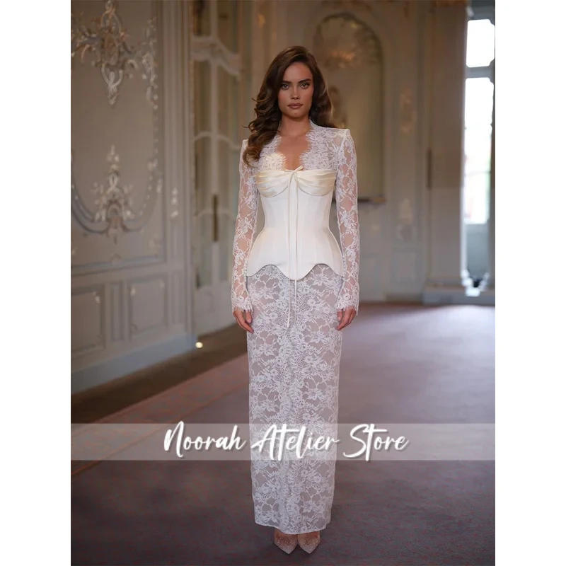 Customized White Mermaid Bow Collar Wedding Dress Lace Long Sleeve Lace-Up vestidos de noche Floor-Length robe de mariée