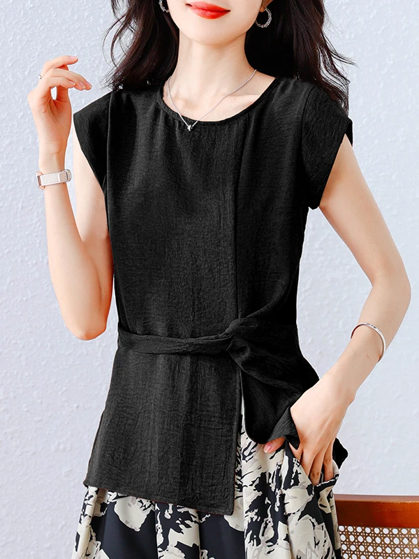 

Круглый женский летний новый дизайн Ne Svel irt в стиле ретро с завязкой на талии для похудения, свободный топ из полиэфирного волокна, прямой...