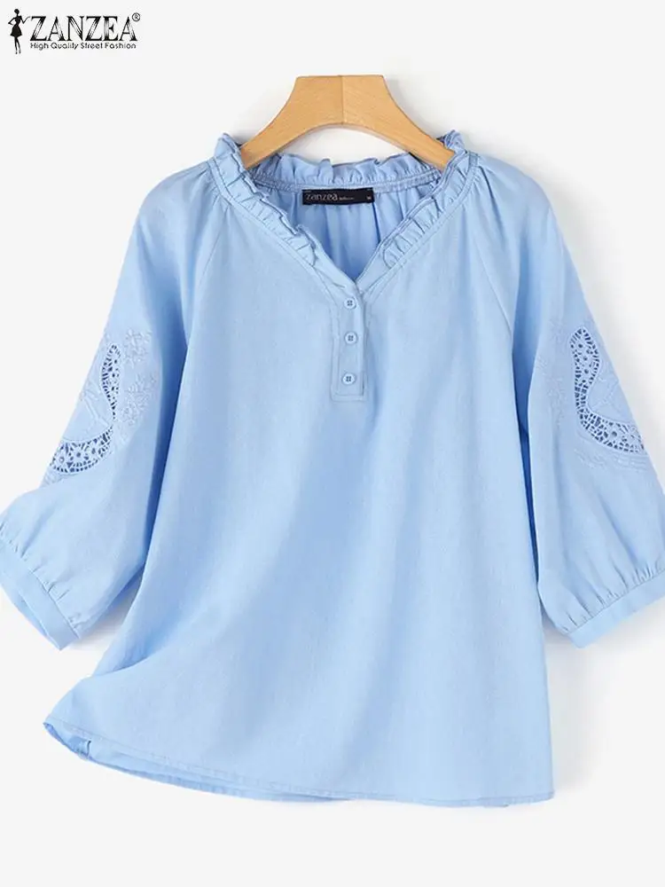 2024 ZANZEA Summer Blouse Women Elegant 3/4 Lace Crochet Shirt Vintage Solid Work OL Blusas Femininas Tunic Tops Mujer Oversize