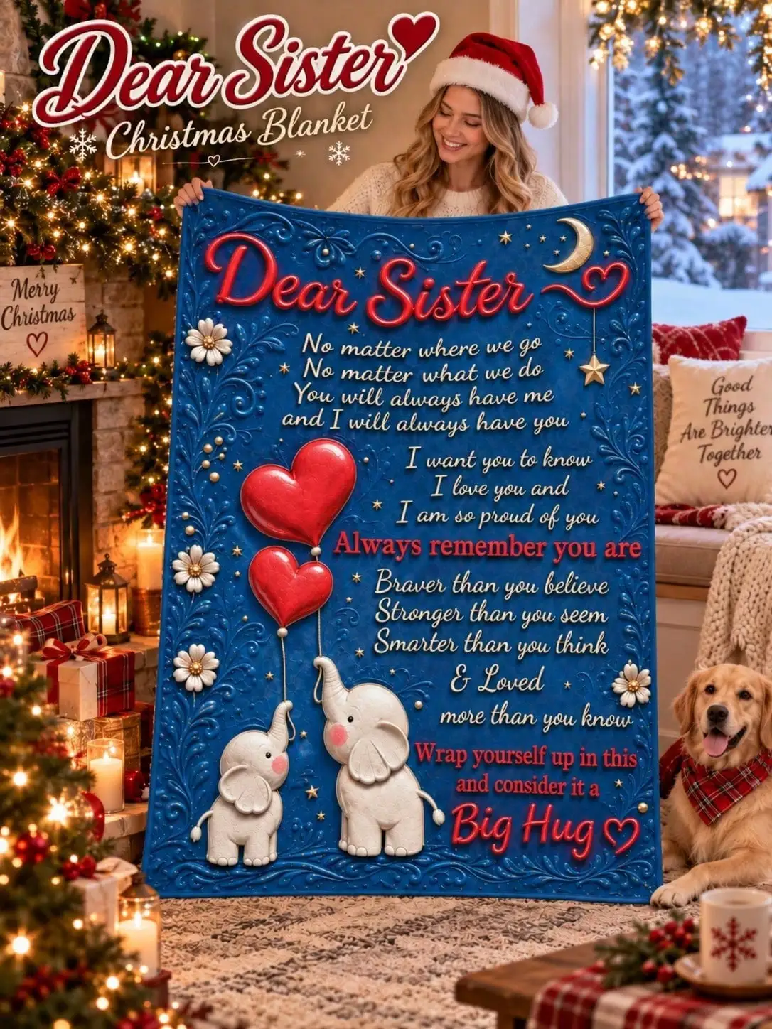Dear Sister Elephant Heart Floral Message Flannel Blankets Sofa Bed Throw Home Decor Bedroom Living Room Christmas Halloween Thanksgiving Birthday Anniversary Housewarming Gift Family Friends Guestroom Apartment Winter Seasonal Reading Nook Dorm