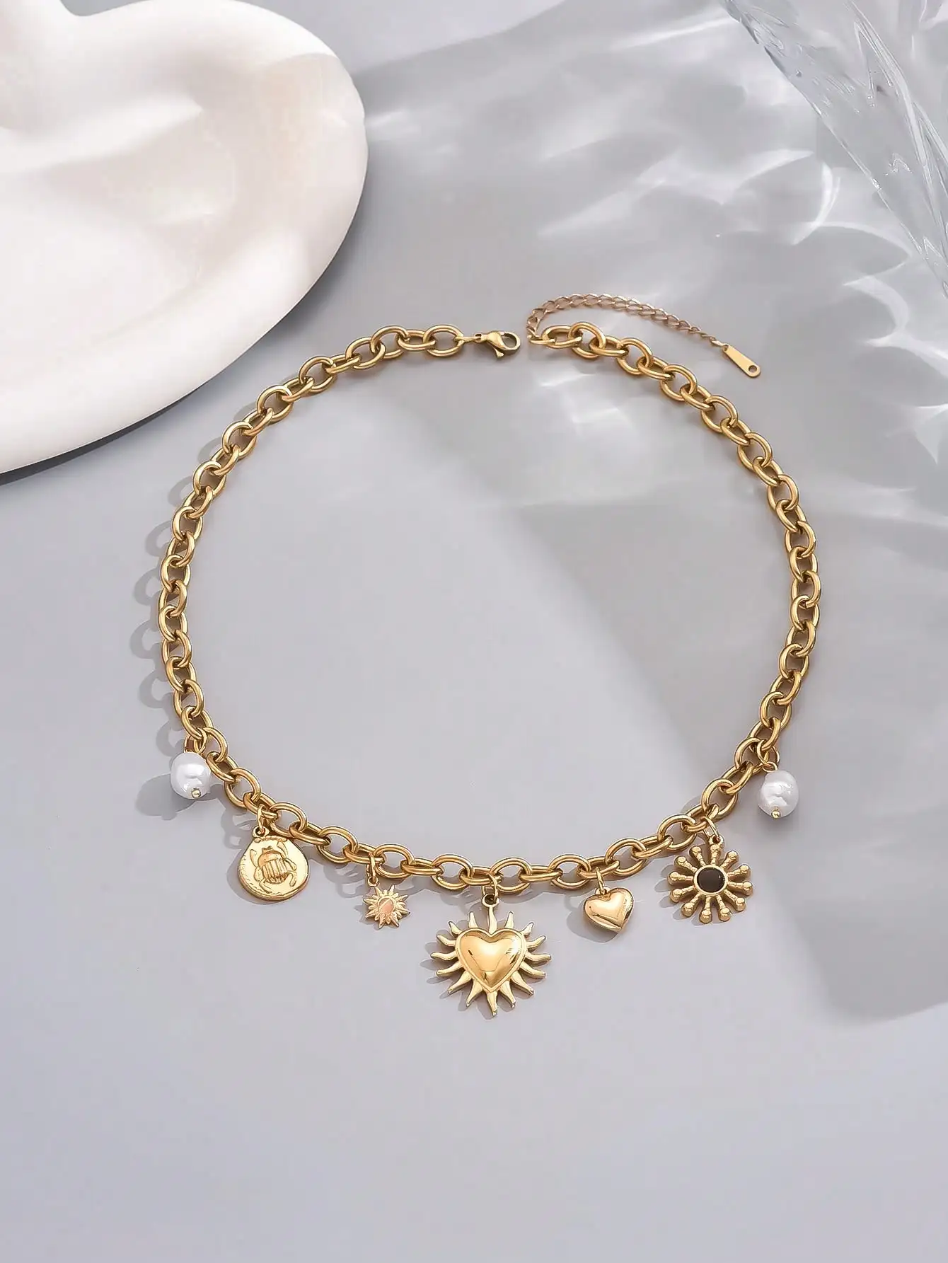 

Gold Plated Chain Necklace with Heart, Sun, and Pearl Charms for Women