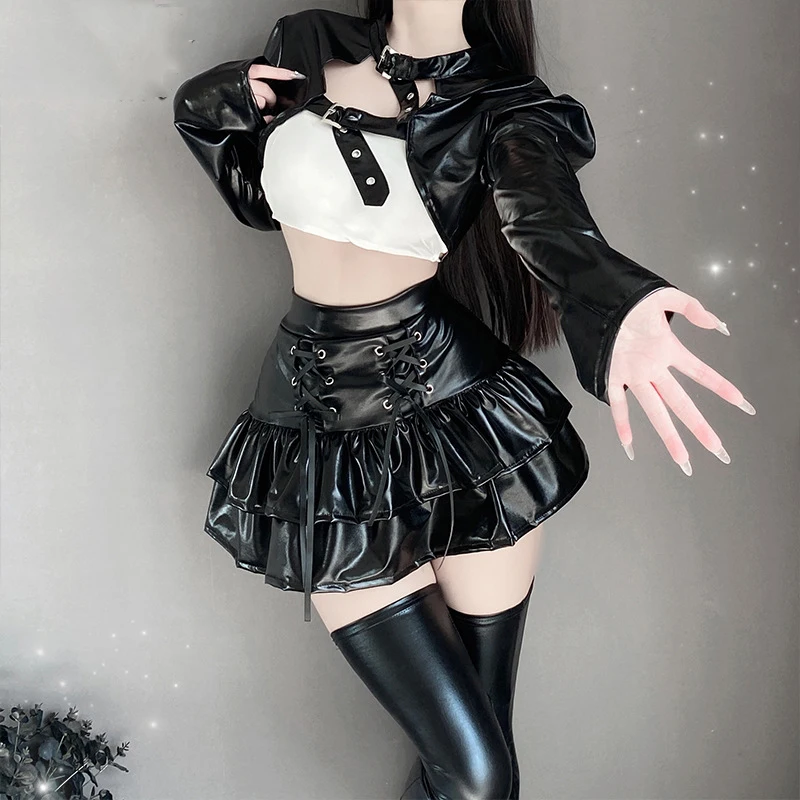 Halloween Women Cyberpunk Top Short Skirt Steampunk Leather Dress Uniform Anime Game Webcam Girl Cosplay Black Costume Outfit