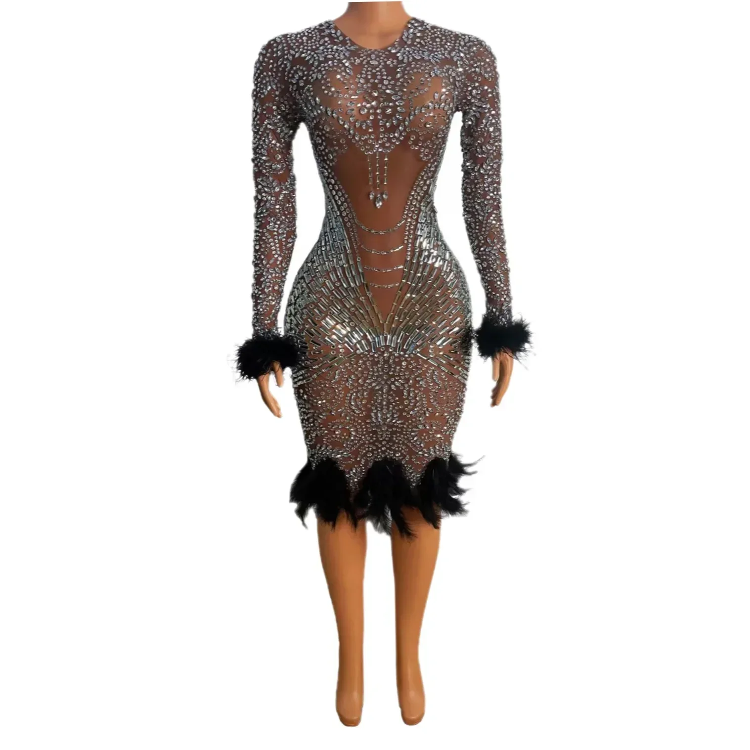 Błyszcząca sukienka z długimi rękawami, zdobiona cyrkoniami i piórami, dla kobiet, na wieczorne przyjęcie, urodziny, odzież dla piosenkarki, stroje sceniczne do tańca.