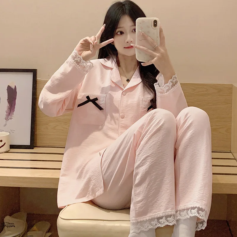 Korean Women Pajama Sets New Cotton Pijamas Female Long Sleeve Trousers 2 Piece Homewear Lace Casual Nightwear Pyjama Suit