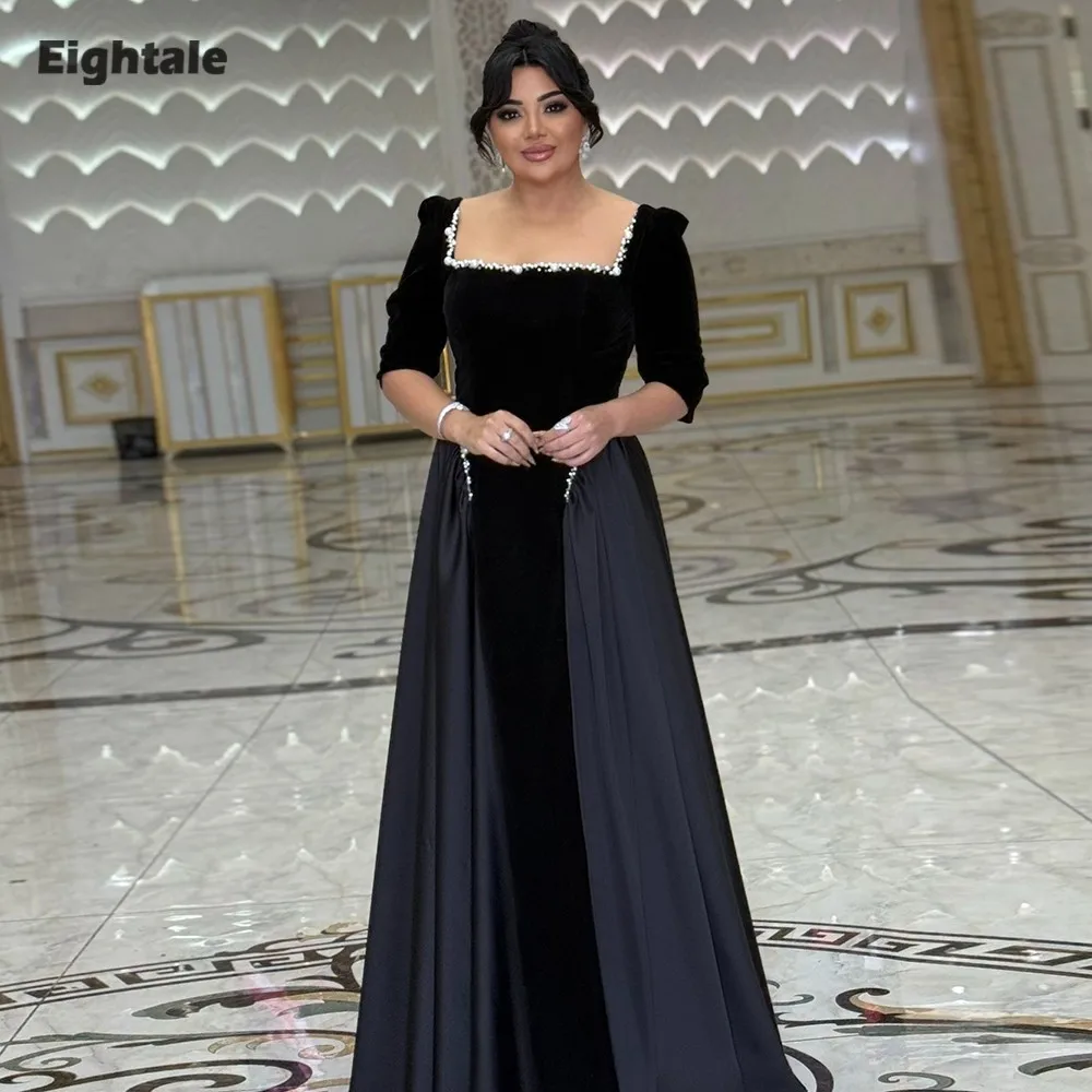 

Eightale Velvet Evening Dress for Wedding Party Customized Scoop Beaded A-Line Half Sleeves Arabic Prom Gowns Robes De Soirée